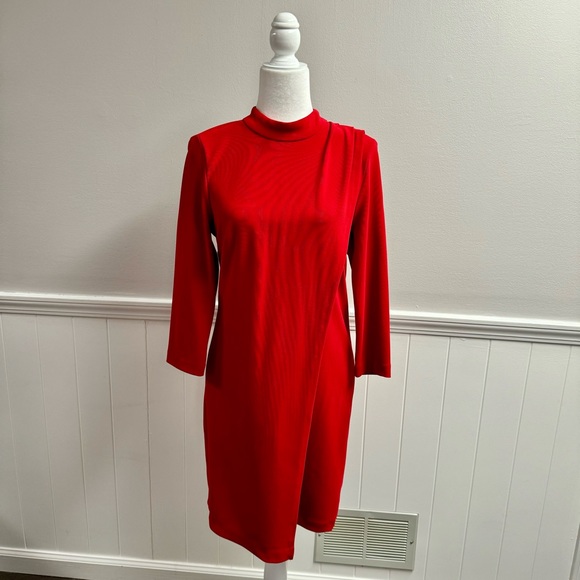 Boston Proper Mock Neck Long Sleeve Drape Front Dress Beyond Travel Red Small S - Picture 13 of 13